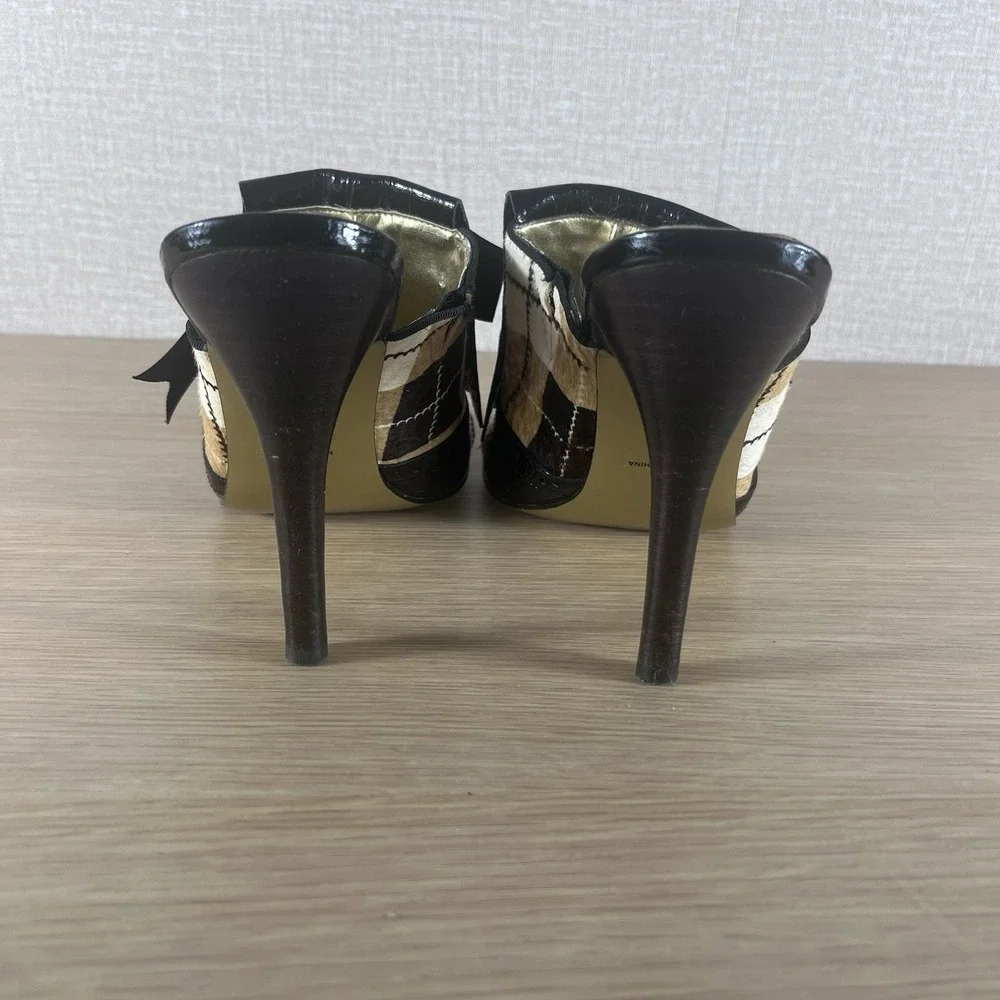 Hale Bob Pony Hair Plaid Patent Leather Mule Heels Bow Peep Toe 10 CityCore - Picture 4 of 14